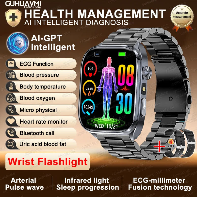 New Accurate Blood Pressure Smart Watch Uric Acid ECG+PPG Blood Oxygen Body Analysis Body Fat LED Flashlight smart watches 2025 Black Steel 2A Heart Health Watch CHINA