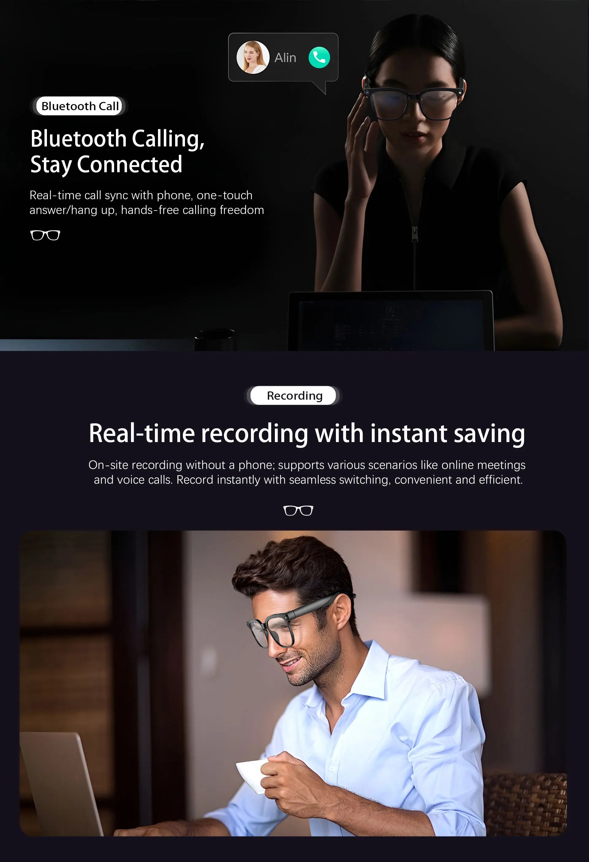 AI Glasses Smart Glasses 800W HD Photo And Video Recording Real-Time Translation Men Glasses For Women Anti-Blue Light Men Gift