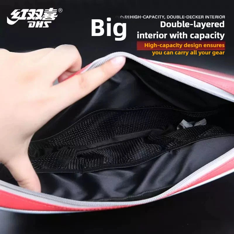 DHS Table Tennis Racket Case Big Capacity Ping Pong Bat Protection Bag Waterproof and Easy to Clean - Red