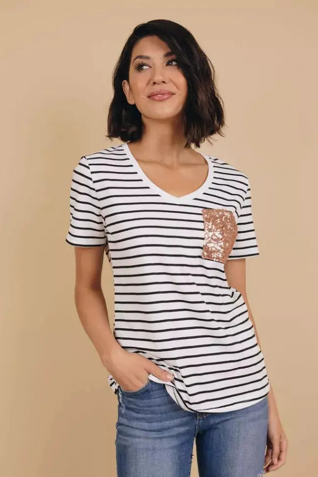 Shades Of Beautiful Striped Pocket Tee Stay Warm in Style