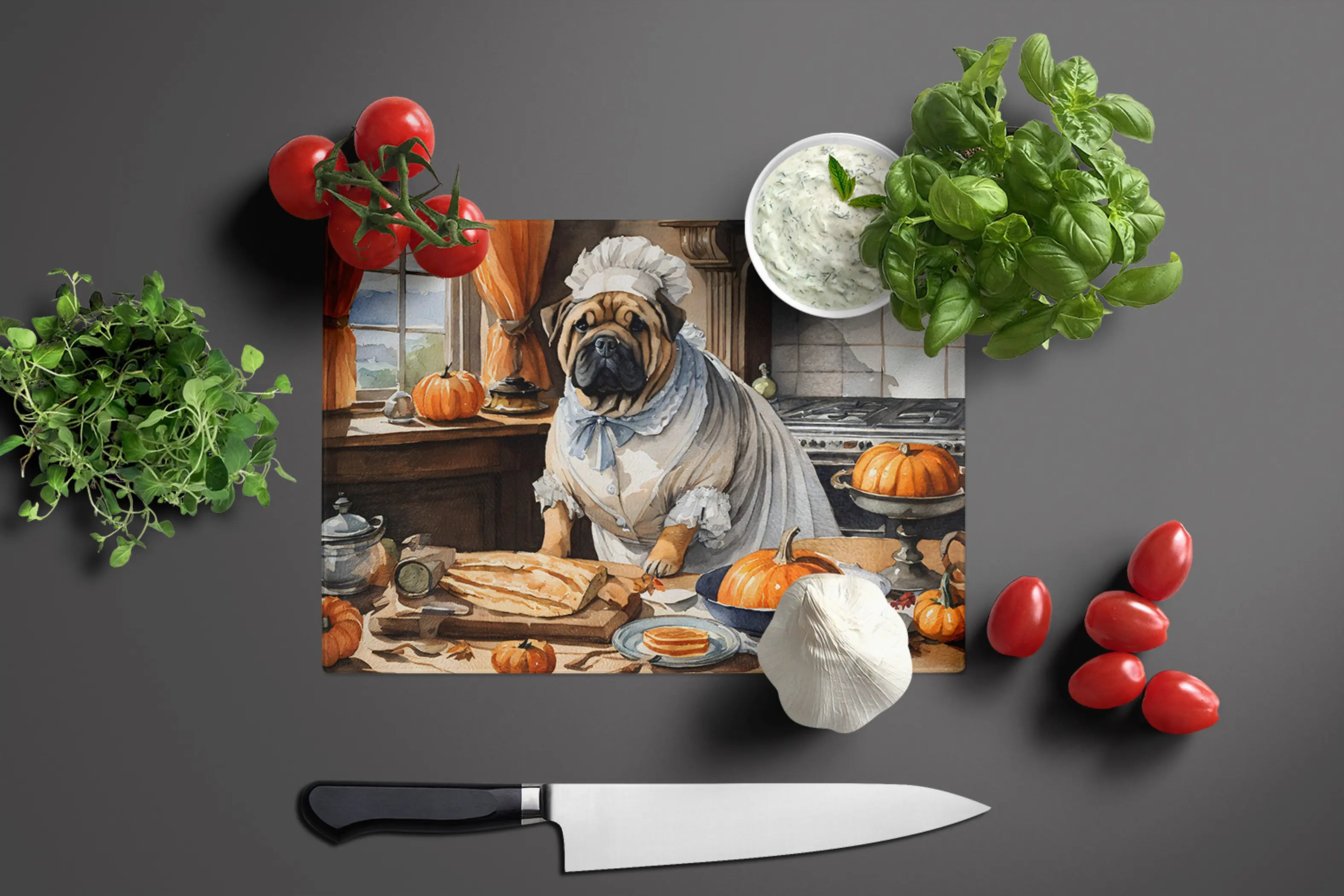 Shar Pei Fall Kitchen Pumpkins Glass Cutting Board Caroline's Treasures