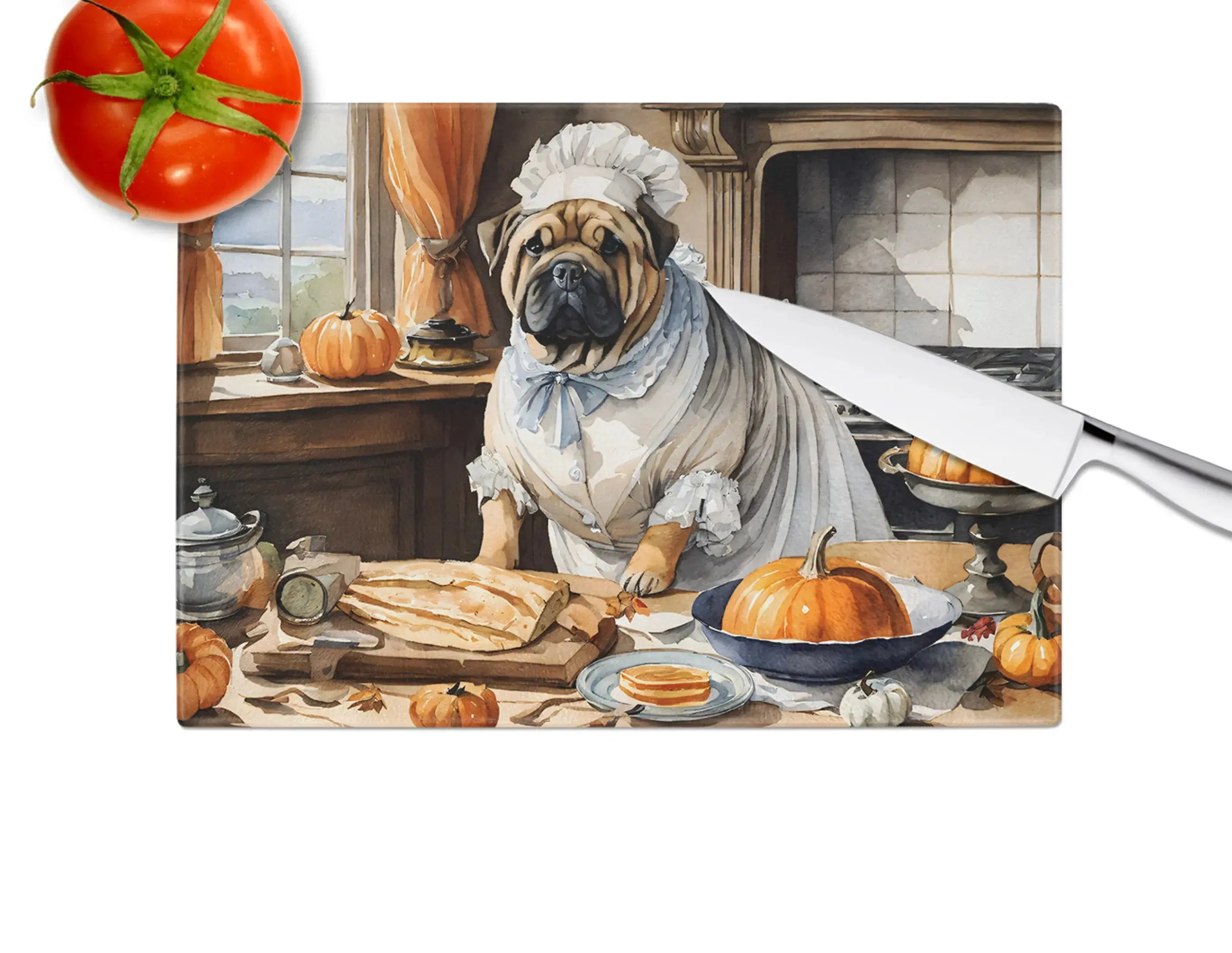 Shar Pei Fall Kitchen Pumpkins Glass Cutting Board Caroline's Treasures