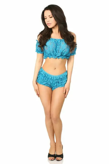 Turquoise lace off-shoulder crop top and ruffled shorts set for a stylish summer look.