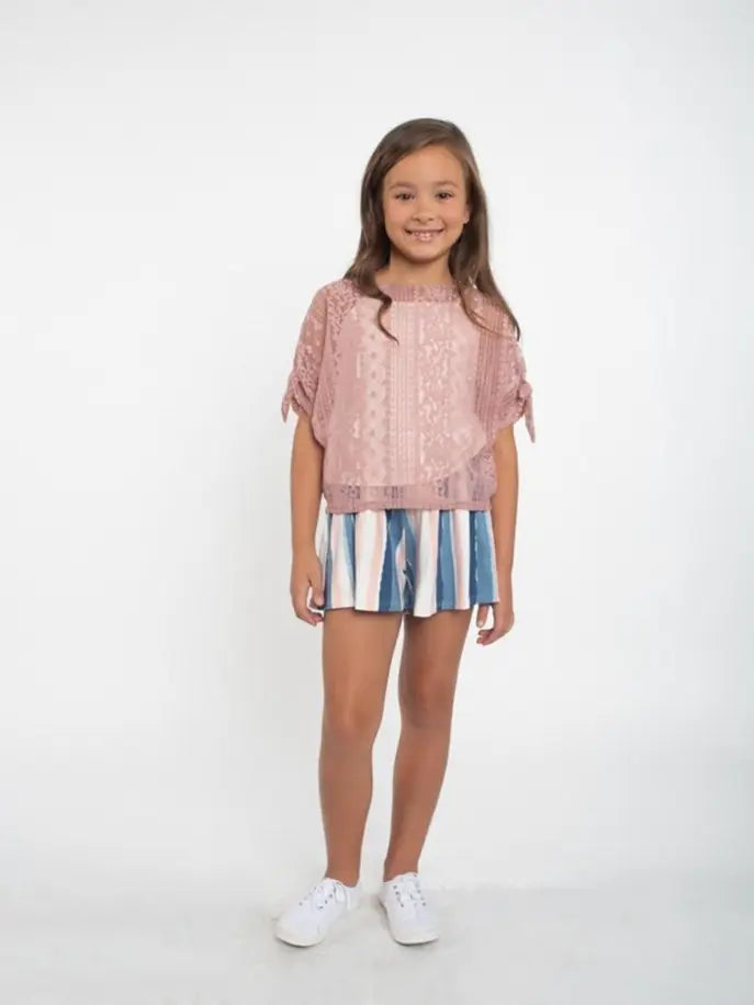 Sheer Lace Top ft Short Tie Sleeves & Cami Little Mass