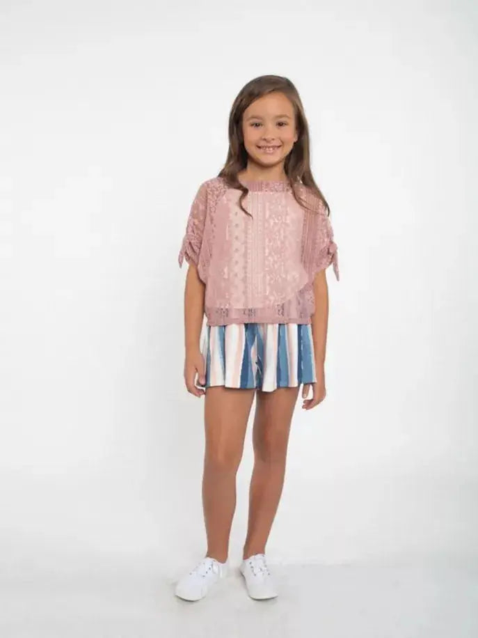 Sheer Lace Top ft Short Tie Sleeves & Cami Little Mass