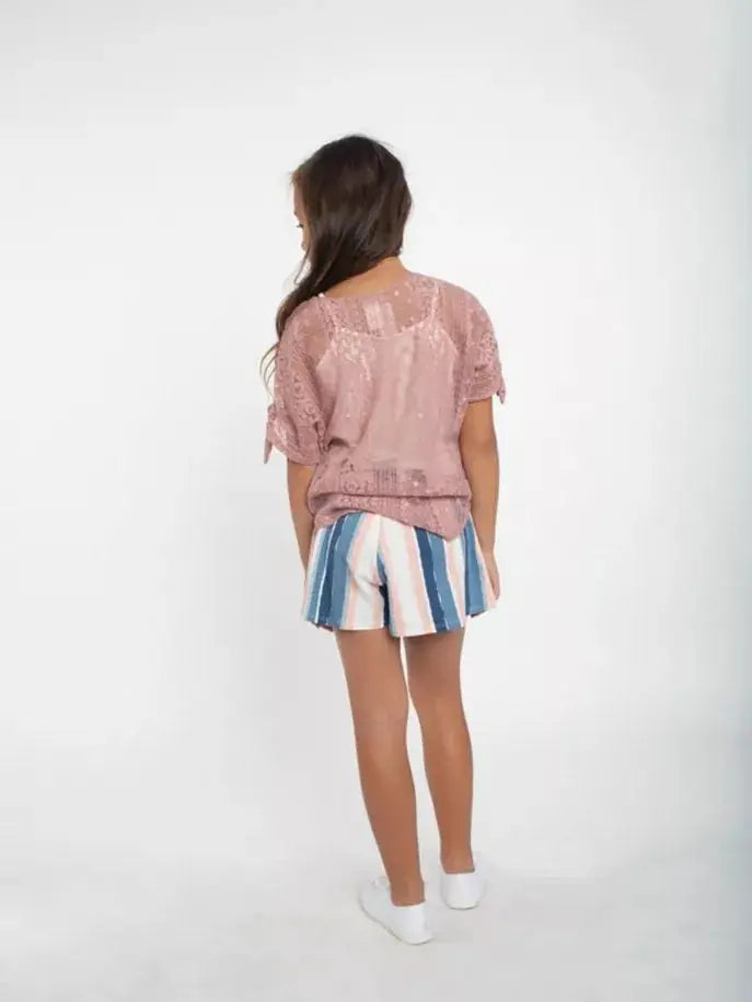 Sheer Lace Top ft Short Tie Sleeves & Cami Little Mass