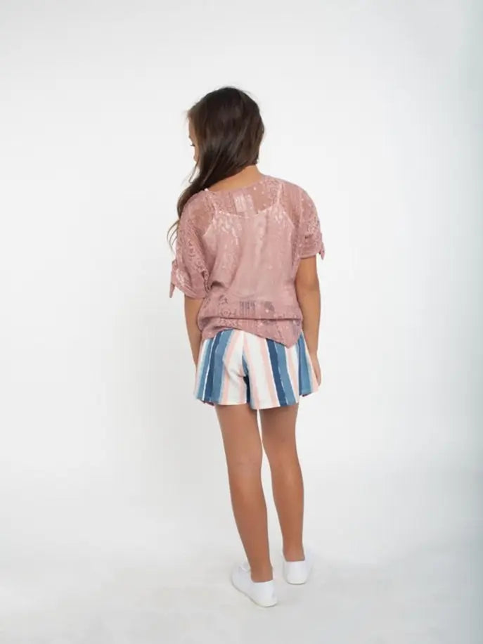 Sheer Lace Top ft Short Tie Sleeves & Cami Little Mass