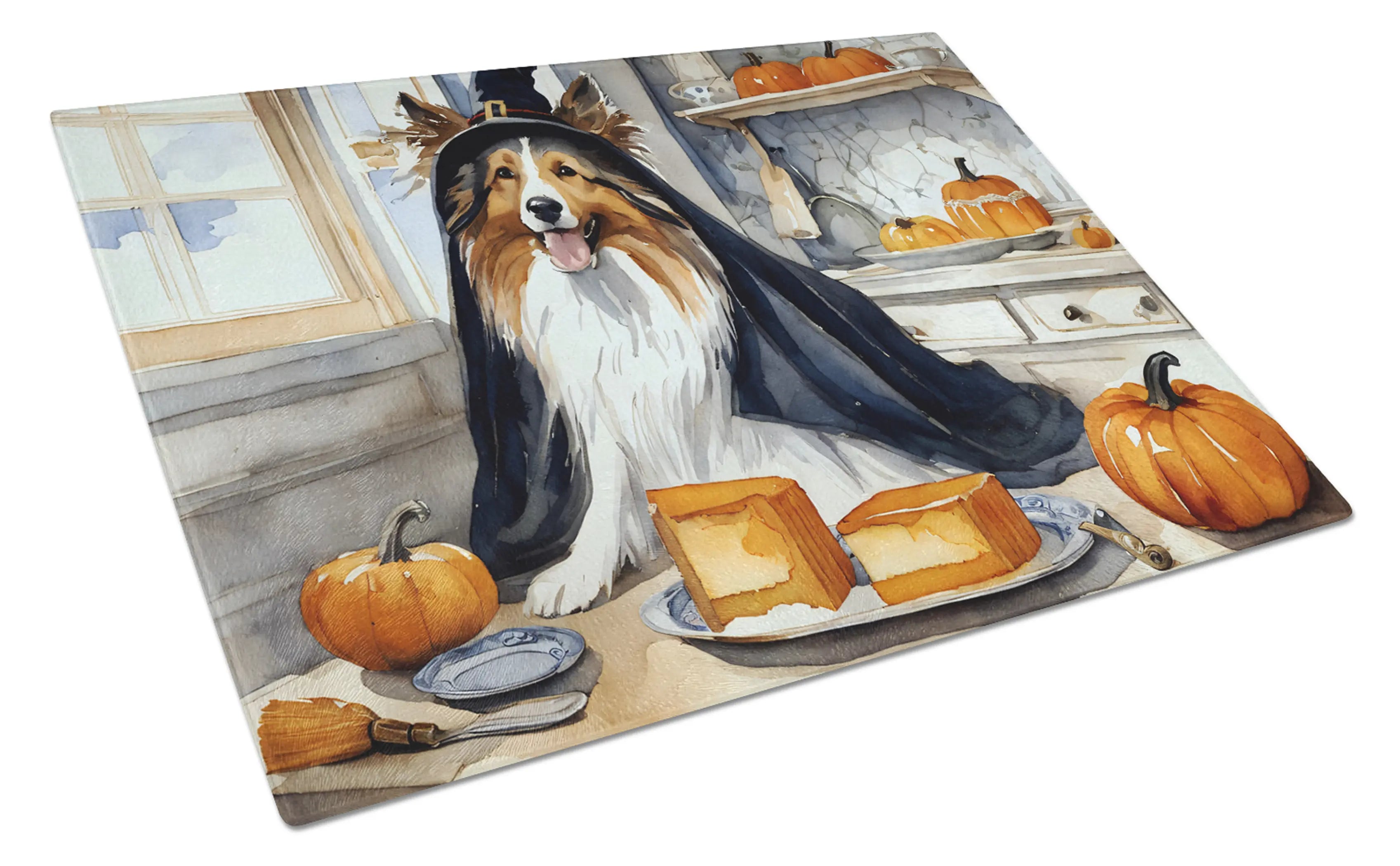 Sheltie Fall Kitchen Pumpkins Glass Cutting Board Caroline's Treasures