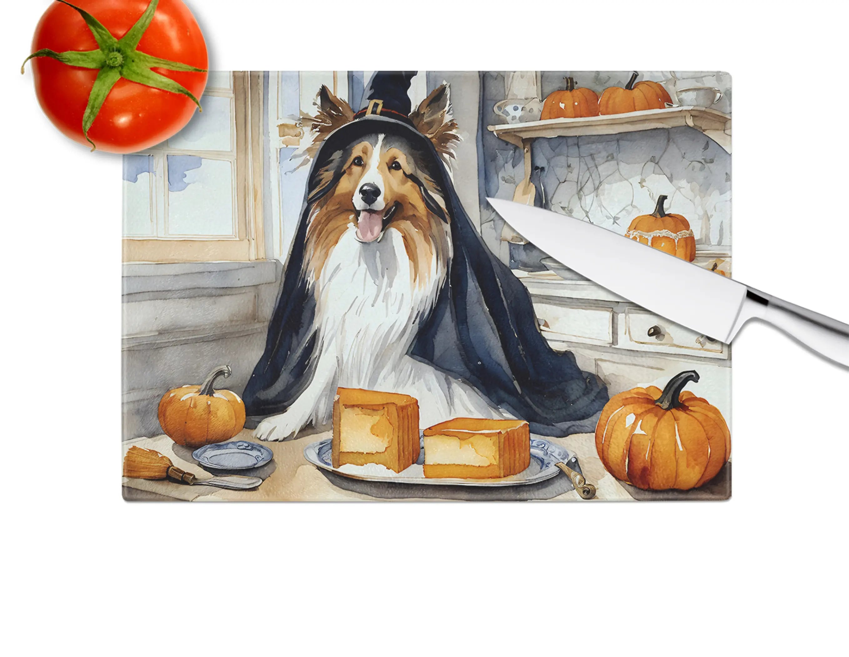 Sheltie Fall Kitchen Pumpkins Glass Cutting Board Caroline's Treasures
