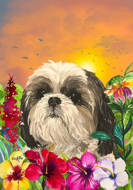 Shih Tzu - Hippie Hound Studios Tropical Summer  House and Garden Flags Best of Breed