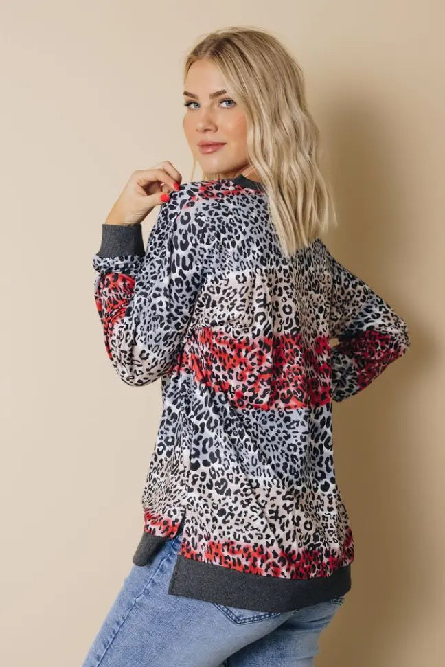 Shonda Leopard Color Block Top Stay Warm in Style