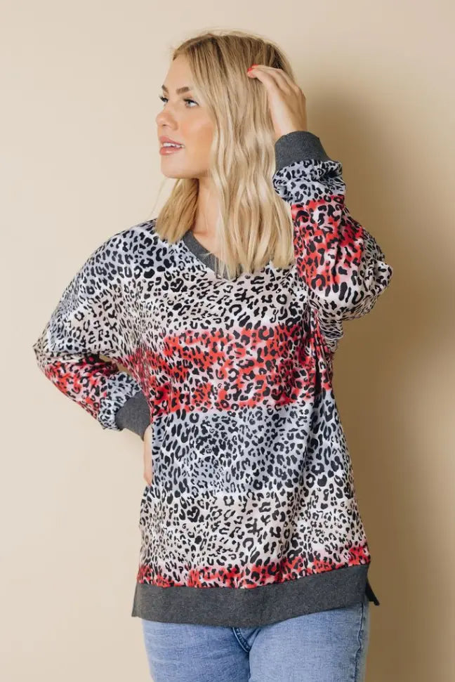 Shonda Leopard Color Block Top Stay Warm in Style