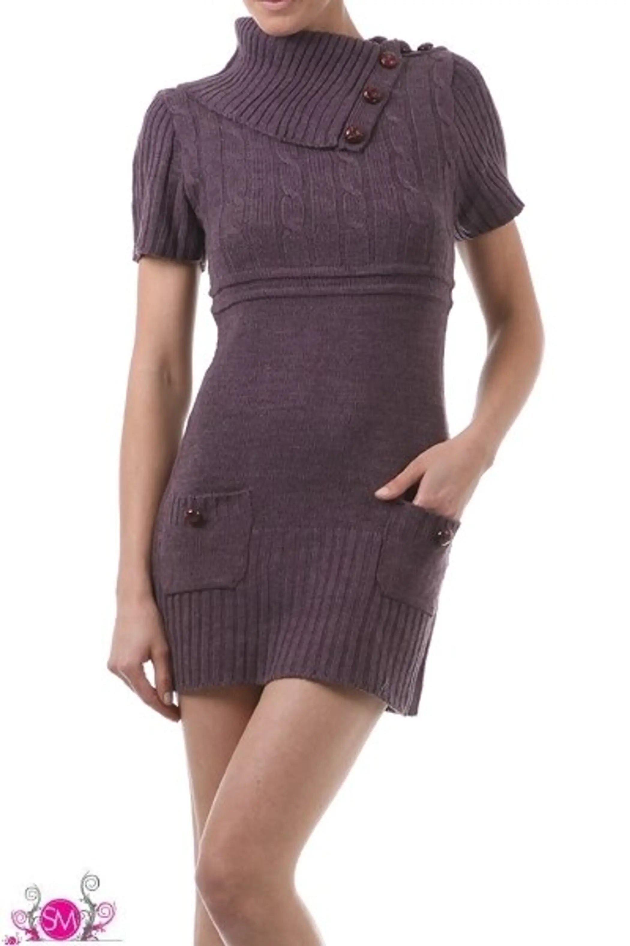 Short sleeve sweater dress with fold over collar and front pockets SurelyMine