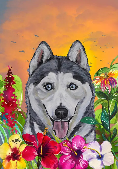 Siberian Husky - Hippie Hound Studios Tropical Summer  House and Garden Flags Best of Breed