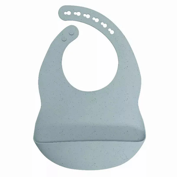 Light blue silicone bib with a crumb-catching pocket, adjustable neck strap, and eco-friendly materials. Perfect for infants.
