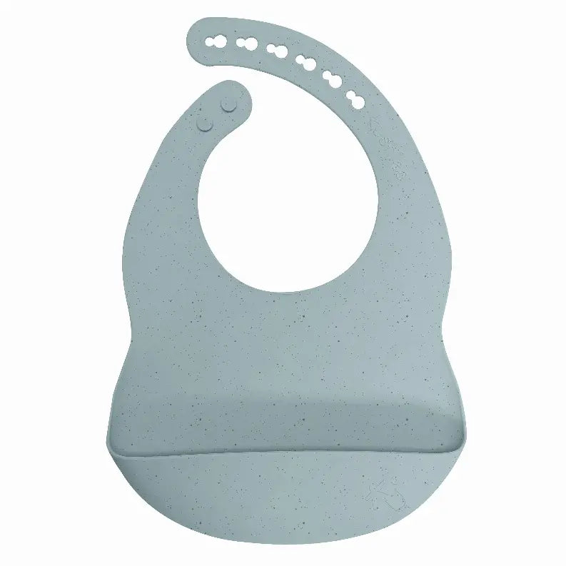 Light blue silicone bib with a crumb catcher, featuring adjustable neck fasteners for easy wear and cleanup.