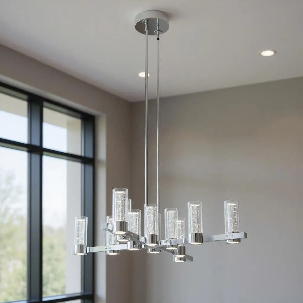 Silver And Clear Candle Style Twelve Light Transparent Metal LED Dimmable Chandelier With Clear Shades Homeroots Lighting