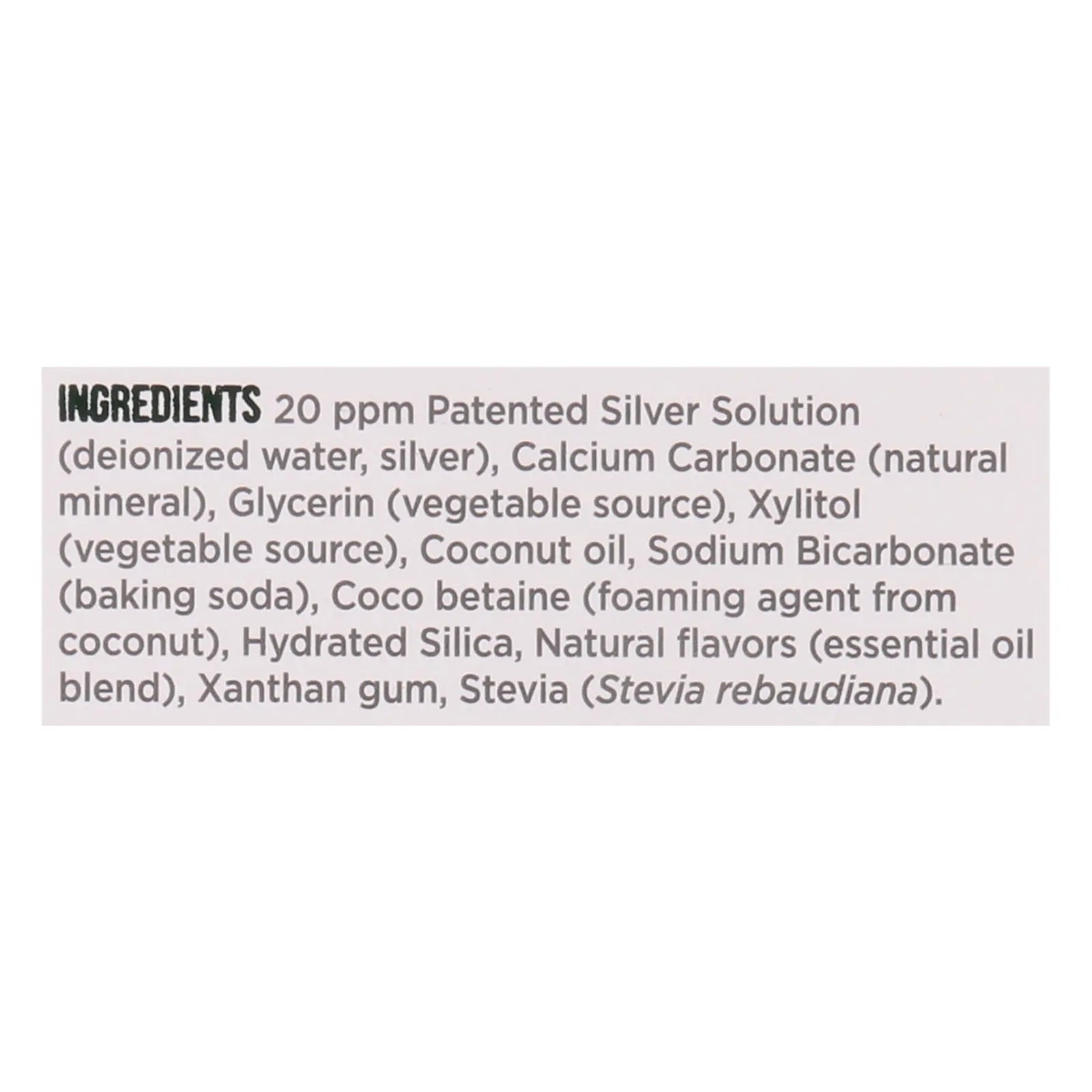 Ingredients label for a 20 ppm patented silver solution in a sleek silver and white packaging.