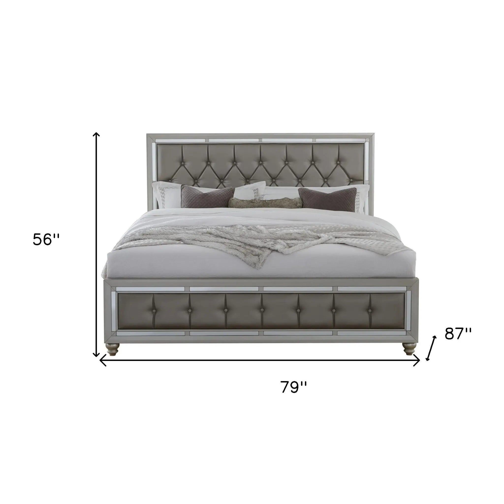Silver Tufted Linen Upholstered Full Bed Frame with Nailhead Trim With No Homeroots Bed & Bath
