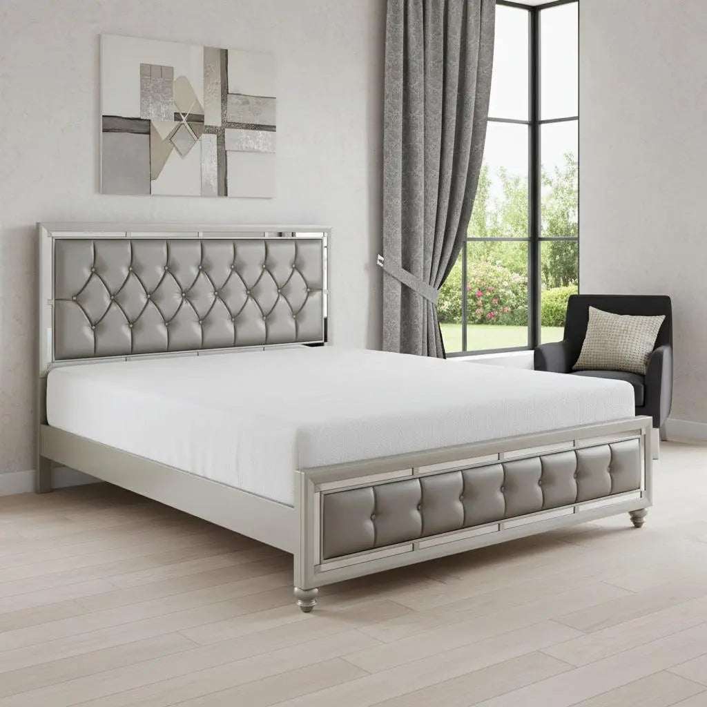 Silver Tufted Linen Upholstered Full Bed Frame with Nailhead Trim With No Homeroots Bed & Bath