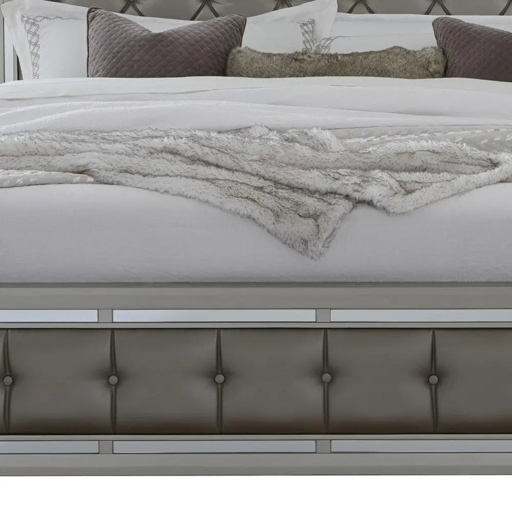 Silver Tufted Linen Upholstered Full Bed Frame with Nailhead Trim With No Homeroots Bed & Bath
