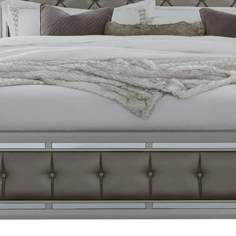 Silver Tufted Linen Upholstered Full Bed Frame with Nailhead Trim With No Homeroots Bed & Bath