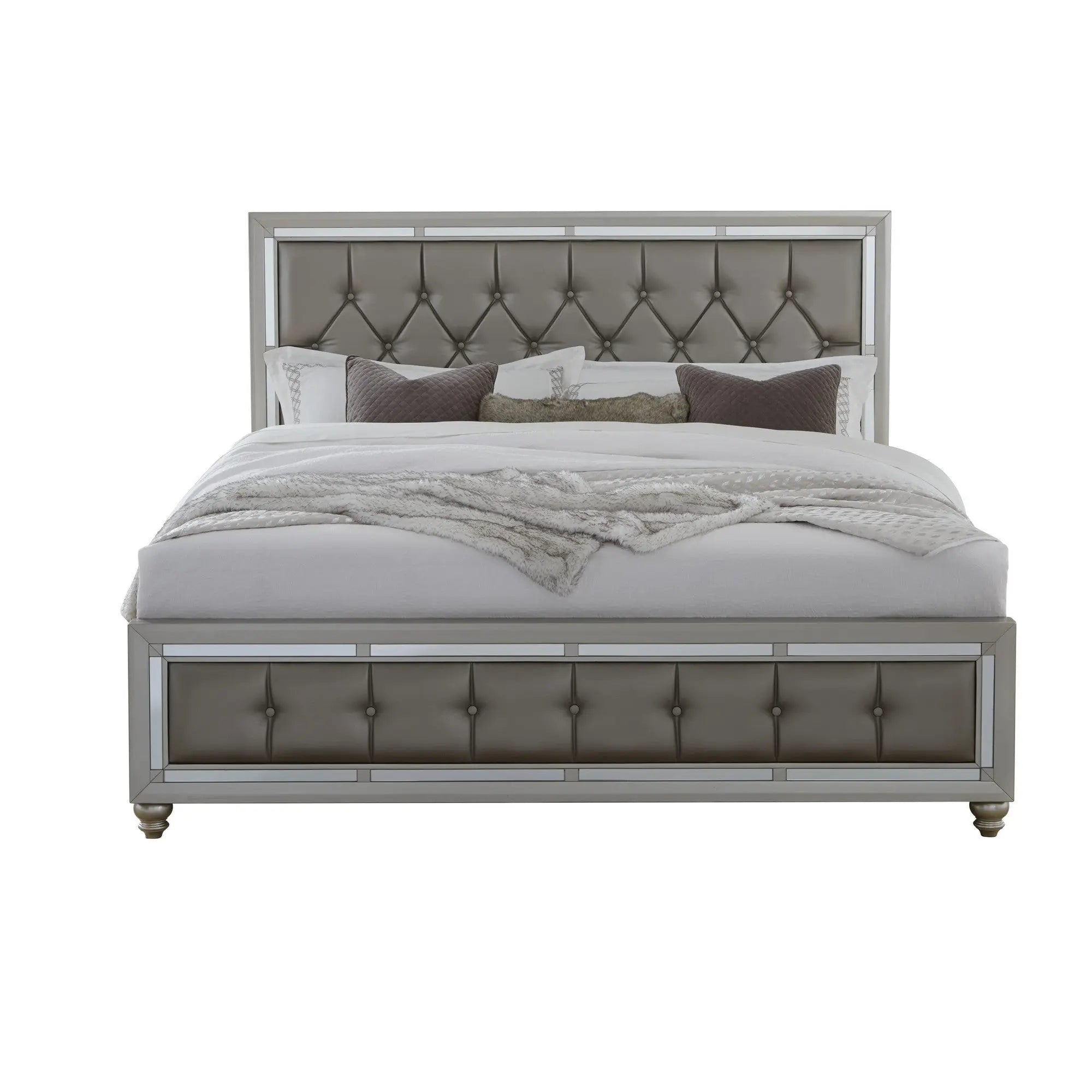 Silver Tufted Linen Upholstered Full Bed Frame with Nailhead Trim With No Homeroots Bed & Bath