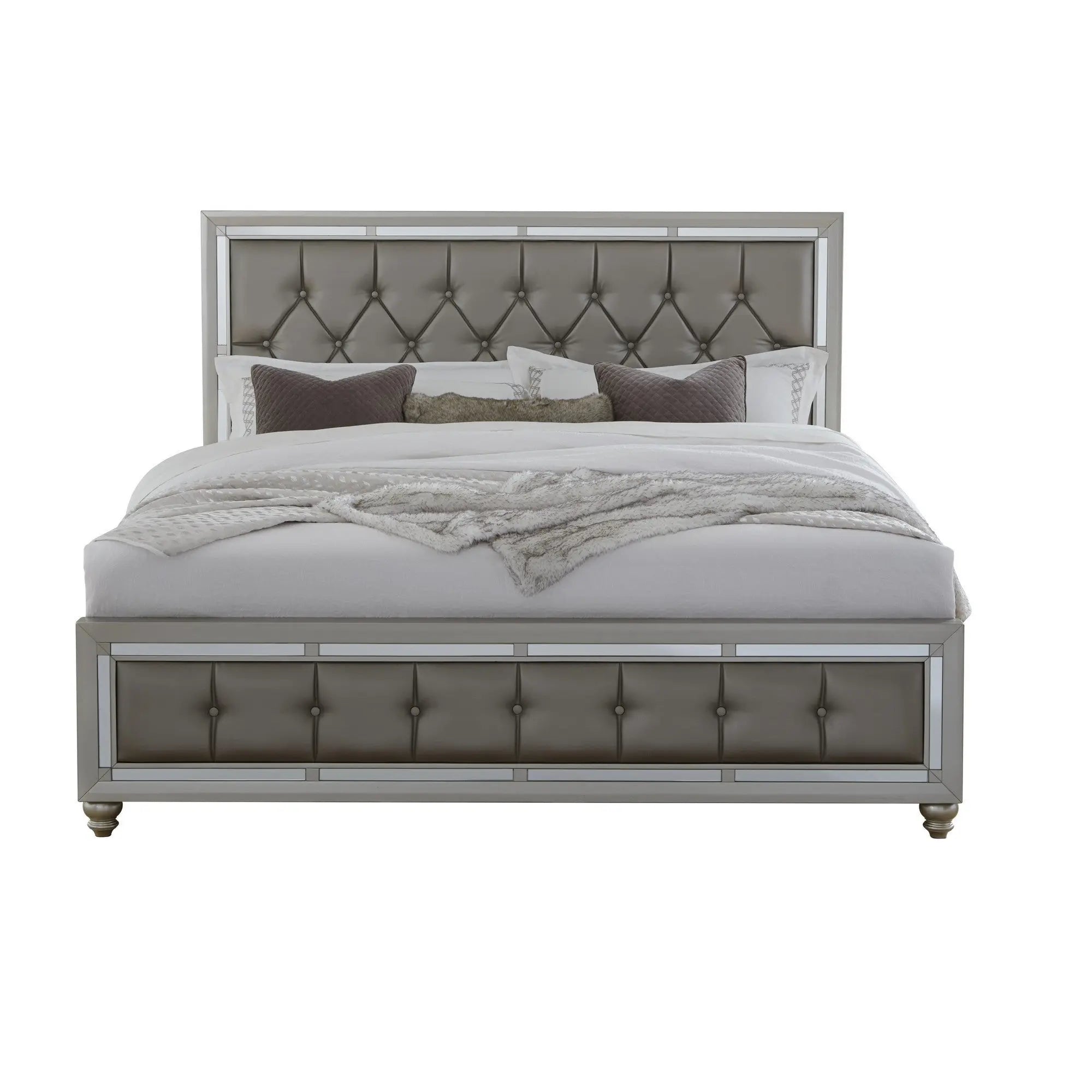 Silver Tufted Linen Upholstered Full Bed Frame with Nailhead Trim With No Homeroots Bed & Bath
