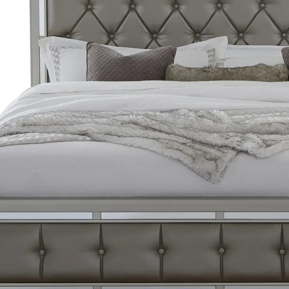 Silver Wood And Tufted Linen Queen Bed Frame With Nailhead Trim Homeroots Bed & Bath