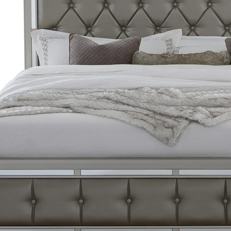 Silver Wood And Tufted Linen Queen Bed Frame With Nailhead Trim Homeroots Bed & Bath