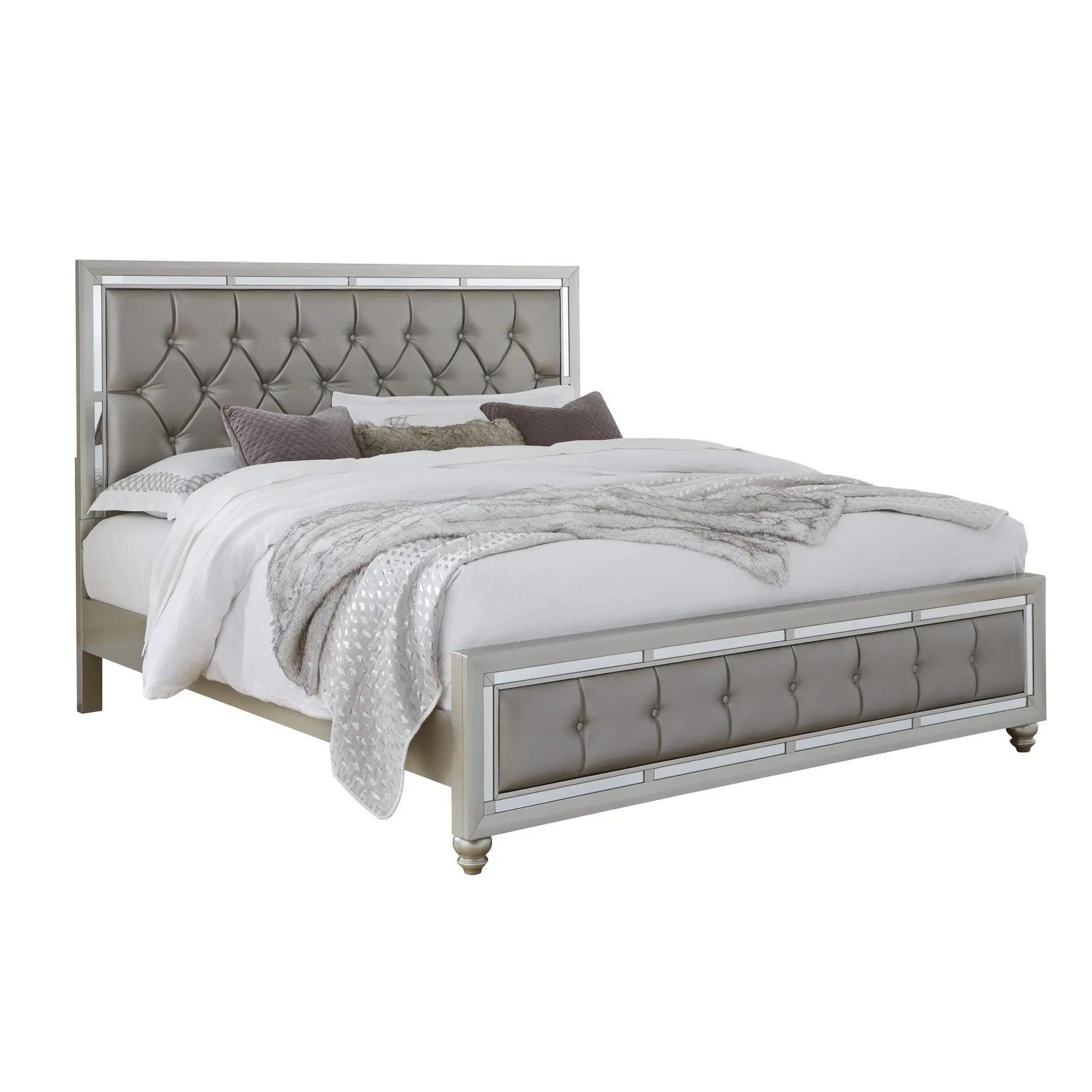 Silver Wood And Tufted Linen Queen Bed Frame With Nailhead Trim Homeroots Bed & Bath