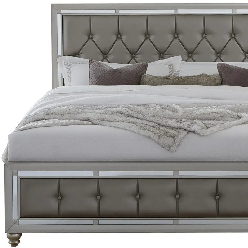 Silver Wood And Tufted Linen Queen Bed Frame With Nailhead Trim Homeroots Bed & Bath