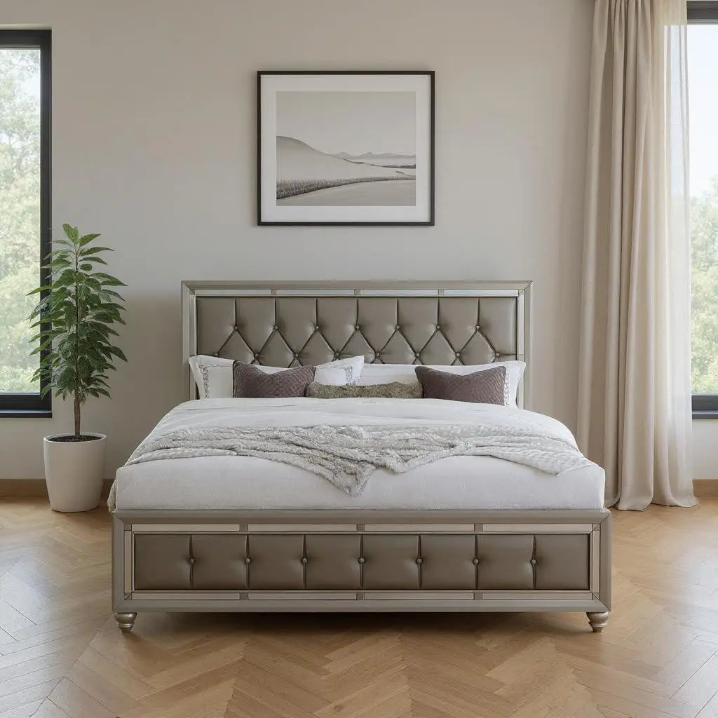Silver Wood And Tufted Linen Queen Bed Frame With Nailhead Trim Homeroots Bed & Bath