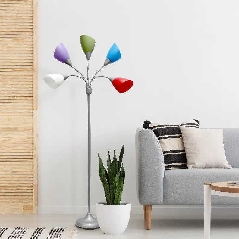 Simple Designs 5 Light Adjustable Gooseneck Silver Floor Lamp with Primary Multicolored Shades All The Rages, Inc.