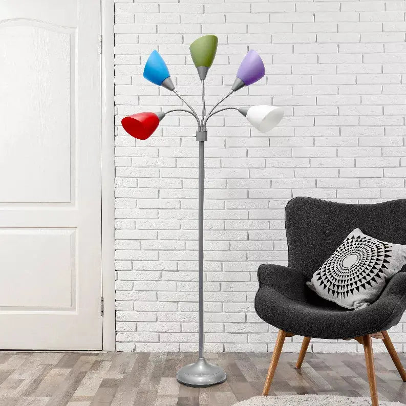 Simple Designs 5 Light Adjustable Gooseneck Silver Floor Lamp with Primary Multicolored Shades All The Rages, Inc.