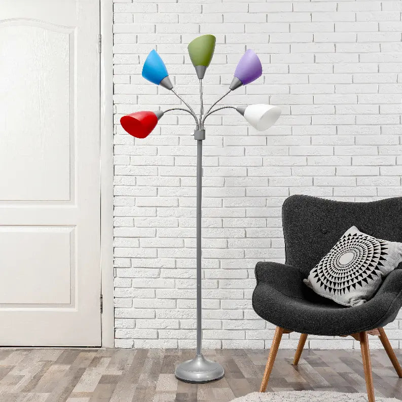 Simple Designs 5 Light Adjustable Gooseneck Silver Floor Lamp with Primary Multicolored Shades All The Rages, Inc.