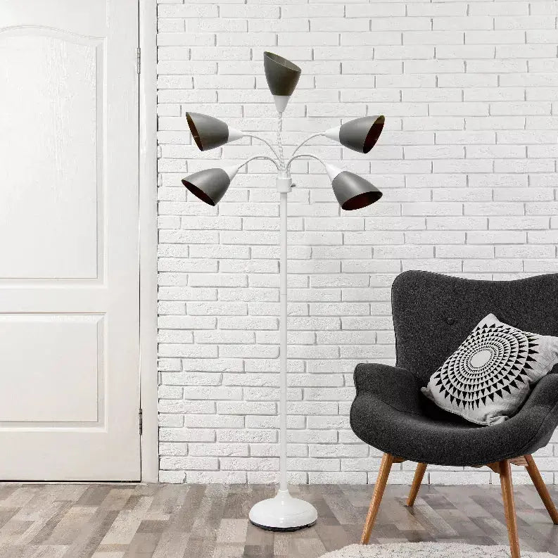 Simple Designs 5 Light Adjustable Gooseneck White Floor Lamp with Gray Shades All The Rages, Inc.