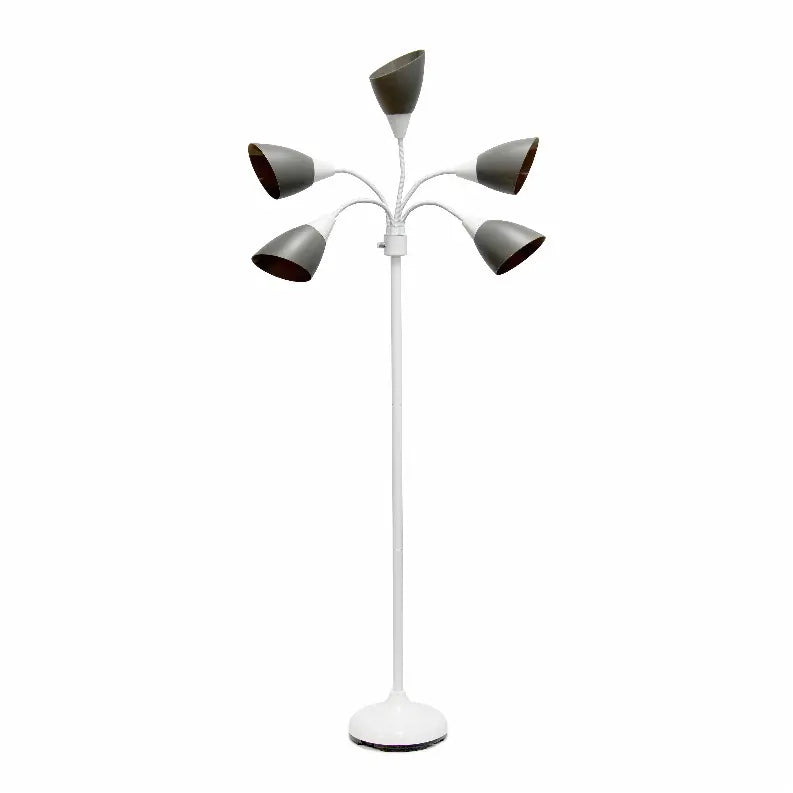 Simple Designs 5 Light Adjustable Gooseneck White Floor Lamp with Gray Shades All The Rages, Inc.
