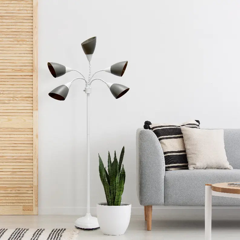Simple Designs 5 Light Adjustable Gooseneck White Floor Lamp with Gray Shades All The Rages, Inc.