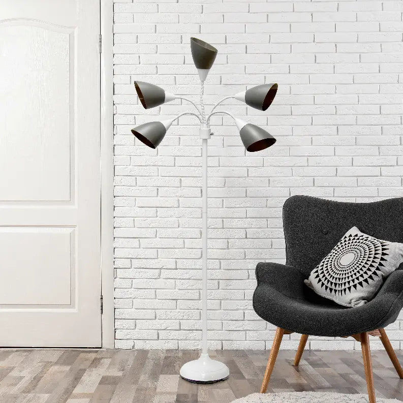 Simple Designs 5 Light Adjustable Gooseneck White Floor Lamp with Gray Shades All The Rages, Inc.