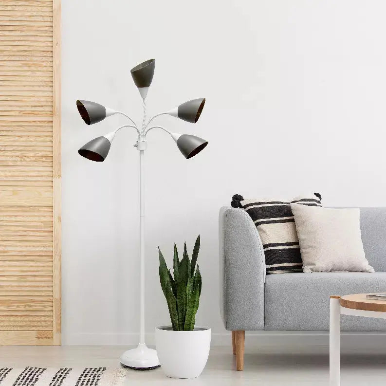 Simple Designs 5 Light Adjustable Gooseneck White Floor Lamp with Gray Shades All The Rages, Inc.