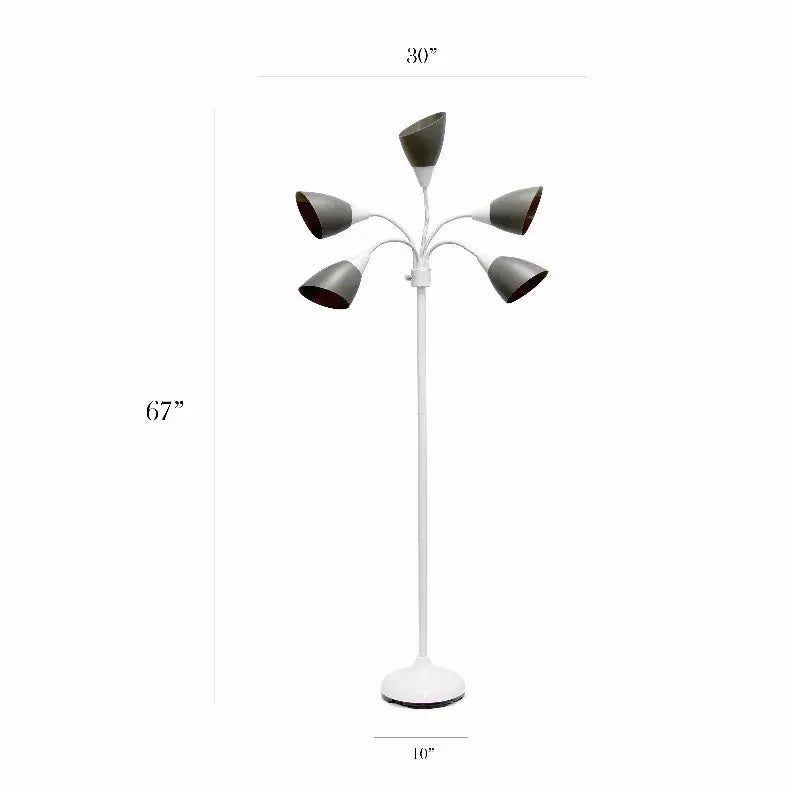 Simple Designs 5 Light Adjustable Gooseneck White Floor Lamp with Gray Shades All The Rages, Inc.
