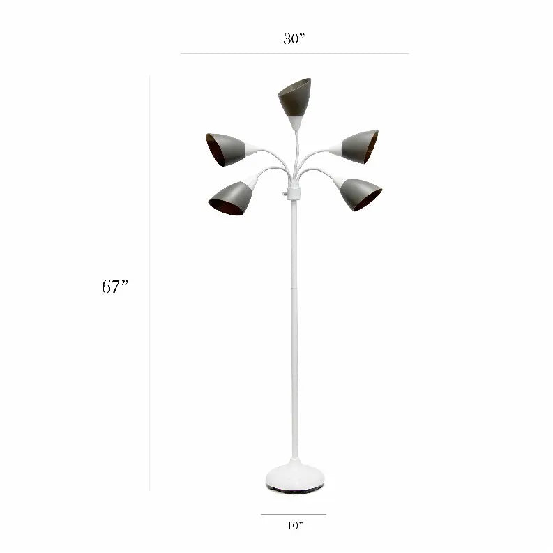 Simple Designs 5 Light Adjustable Gooseneck White Floor Lamp with Gray Shades All The Rages, Inc.
