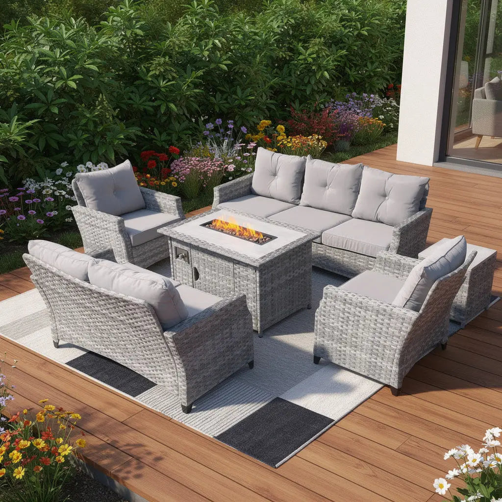 Six Piece Gray Rattan Sofa Seating Group With Fire Pit And Table Homeroots Outdoor