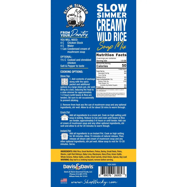 Slow Simmer Creamy Wild Rice Soup Mix Davis & Davis Gourmet Foods