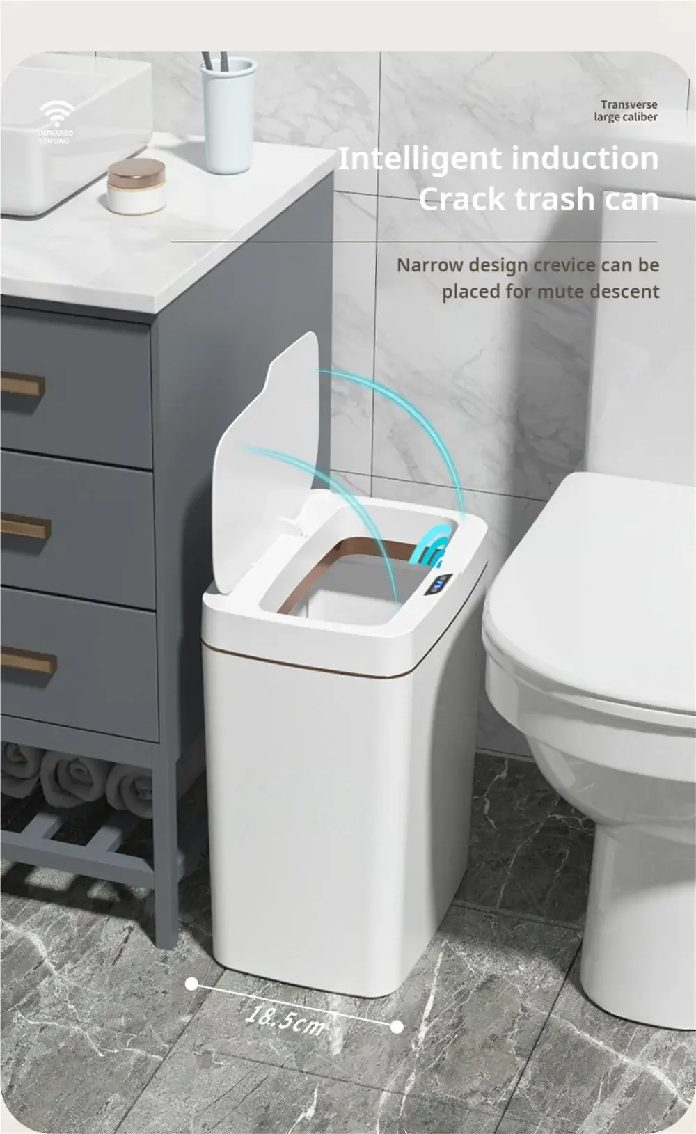 Smart Bathroom Trash Can Automatic Bagging Electronic Trash Can White Touchless Narrow Smart Sensor Garbage Bin Smart Home 15L GreatEagleInc