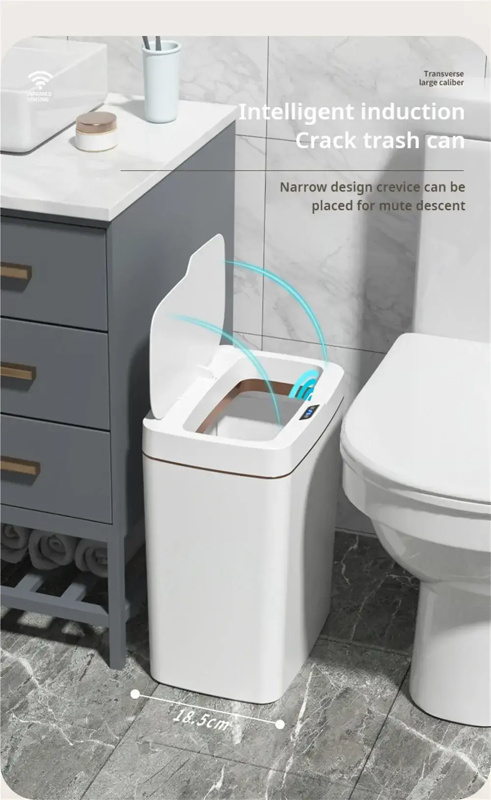 Smart Bathroom Trash Can Automatic Bagging Electronic Trash Can White Touchless Narrow Smart Sensor Garbage Bin Smart Home 15L GreatEagleInc