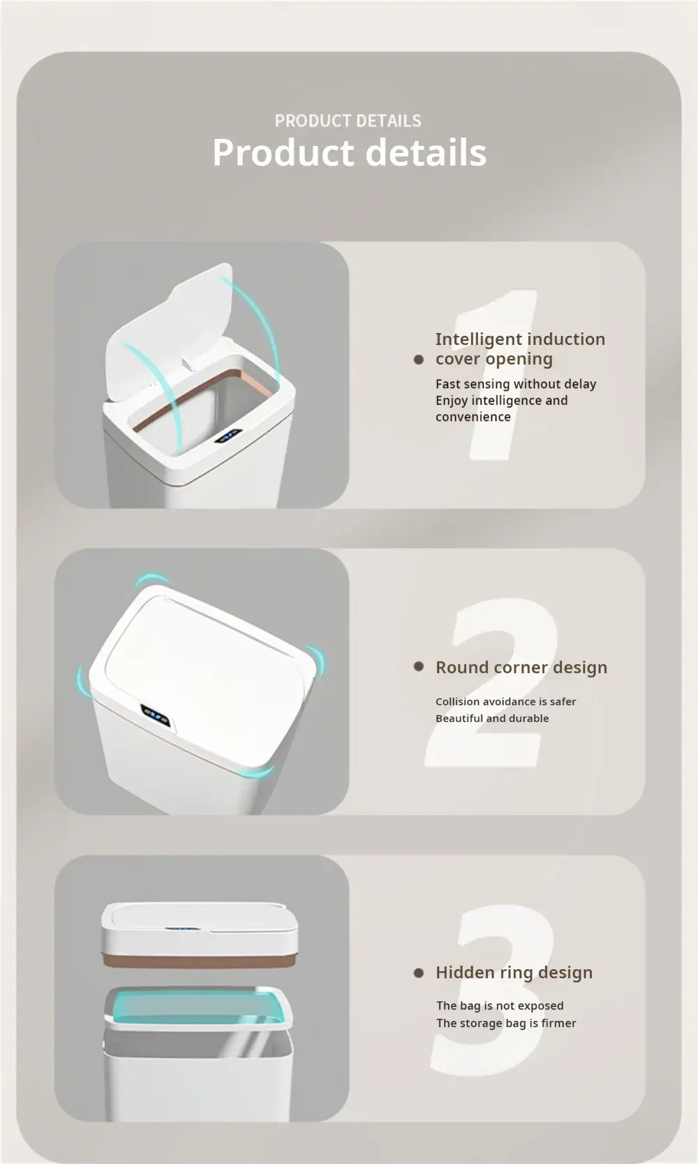 Smart Bathroom Trash Can Automatic Bagging Electronic Trash Can White Touchless Narrow Smart Sensor Garbage Bin Smart Home 15L GreatEagleInc