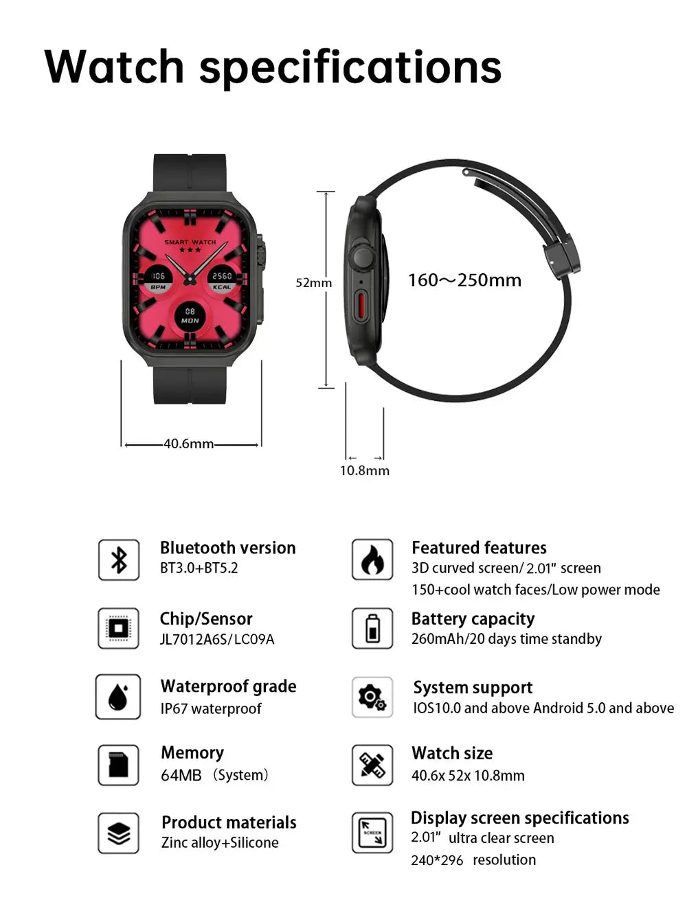 Smart Watch 2.01" Curved AMOLED Screen 3D Flexible Design 120+ Sports Modes Long Battery Life Watch for Daily & Sports Use GreatEagleInc