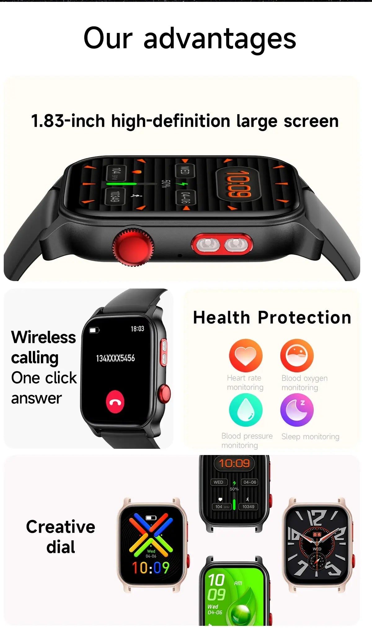 Smart Watch for Men 1.83 inch Screen 100+ Sports Modes Wireless Call Flashlight IP68 Waterproof Sleep Monitoring Sport Smartwat GreatEagleInc